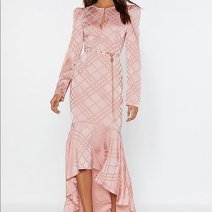 Satin Ruffle Midi Dress with Puff Shoulders